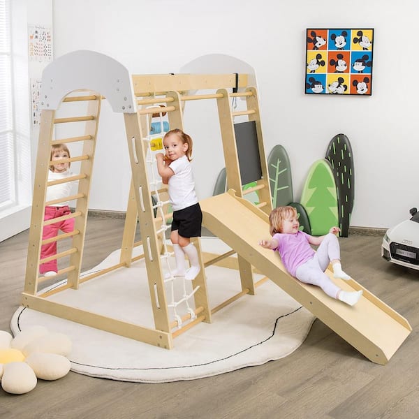 Natural Indoor Playground Climbing Gym Kids Wooden 8-in-1 Climber Playset for Children