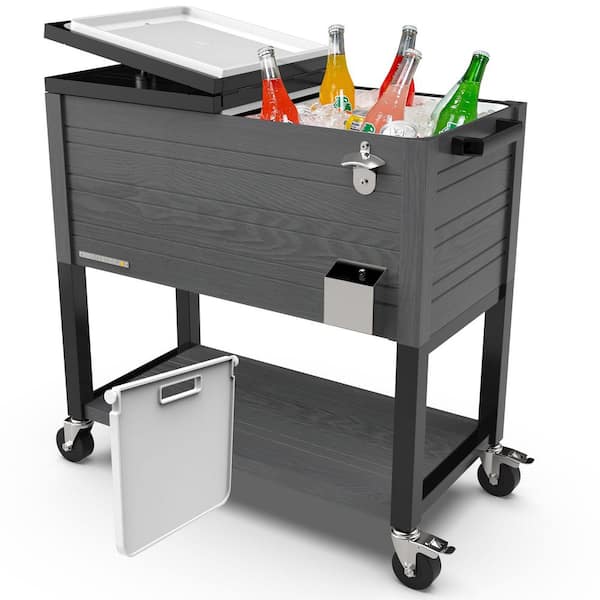 Party Cooler, 80-qt. Capacity, Divider Cooler, Rolling Ice Chest for Entertainment, Wood Grain Finish, Gray