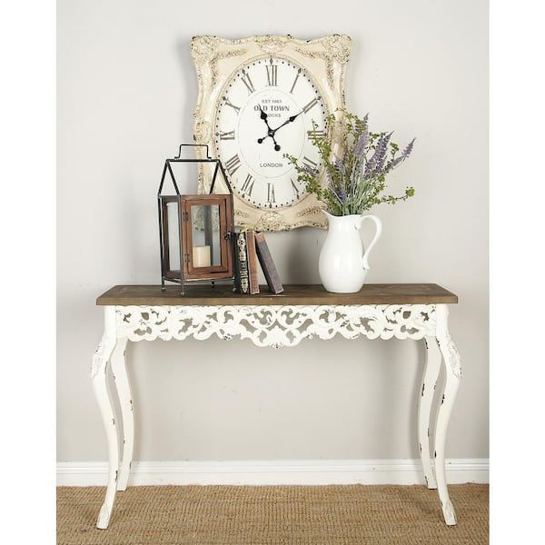 Litton Lane 46 in. White Extra Large Rectangle Wood Intricately Carved Floral Console Table with Brown Wood Top