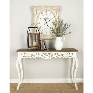 46 in. White Extra Large Rectangle Wood Intricately Carved Floral Console Table with Brown Wood Top