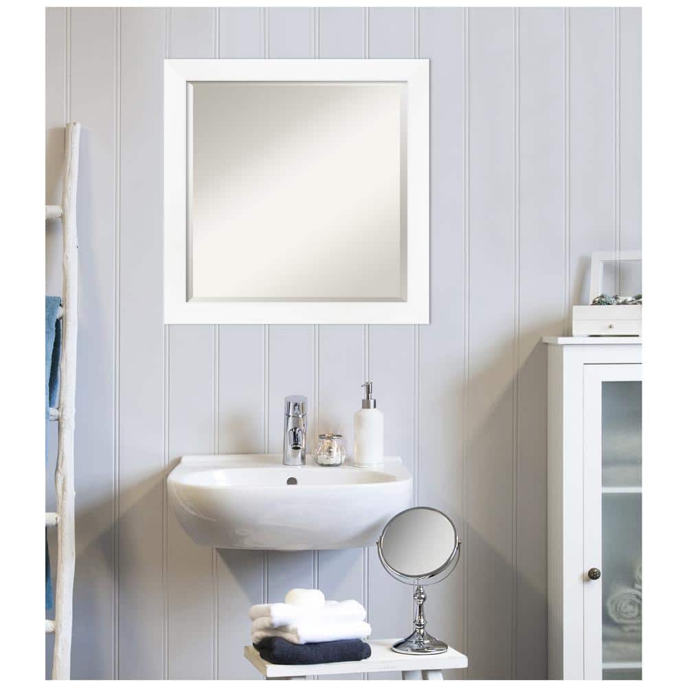Contemporary White and Silver 23x23 Beveled Bathroom Vanity Mirror