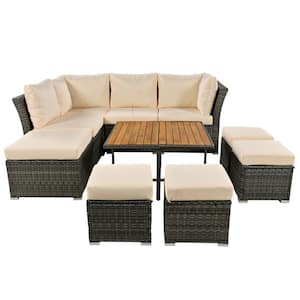 9-Piece Gray Wicker Patio Conversation Set with Beige Cushions and Coffee Table and Ottomans