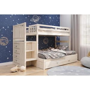 Light Ash Twin Over Full Staircase Bunkbed with 4-Drawers and Trundle