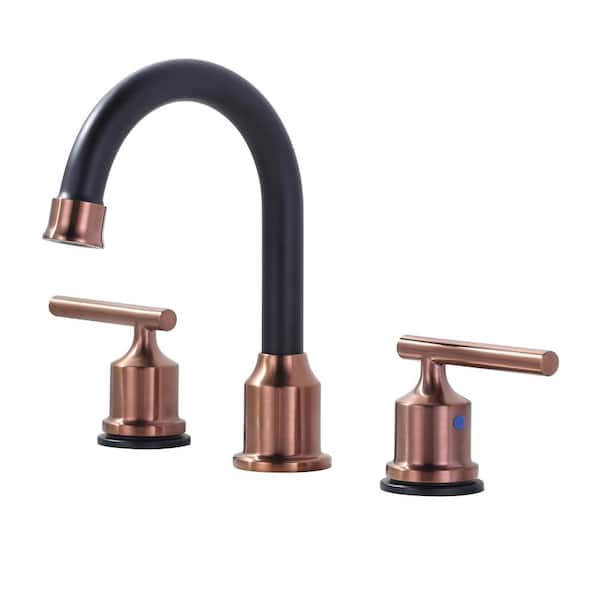 IVIGA 8 in. Widespread Double Handle Bathroom Faucet with Pop Up Drain and Supply Lines Included in Rose Gold and Black