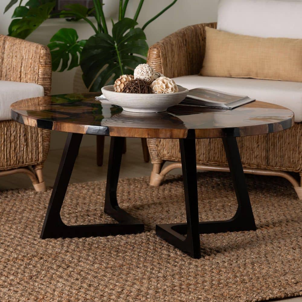 Agata 39 in. Natural Brown and Black Round Teak Wood and Resin Coffee Table price history on PriceWatchPro