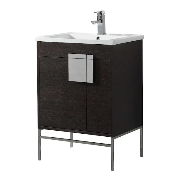 FINE FIXTURES Shawbridge 24 in. W x 18.11 in. D x 33.5 in. H Bath Vanity in Black Oak Straight Grain with Ceramic Vanity Top in White
