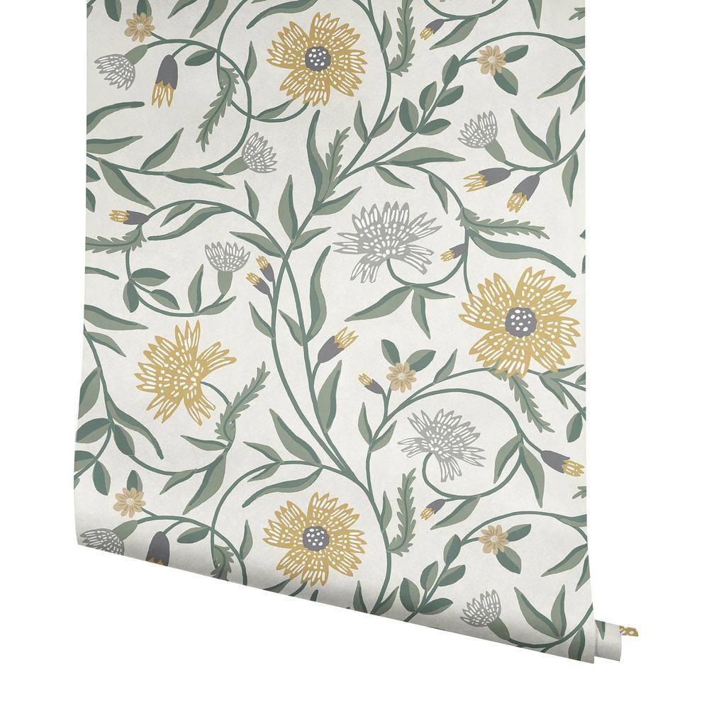 Gold and Green Floral Non-Pasted Washable Wallpaper
