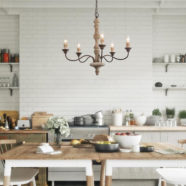Lnc Wood Candle Chandelier 5 Light, White Kitchen Candle Chandelier