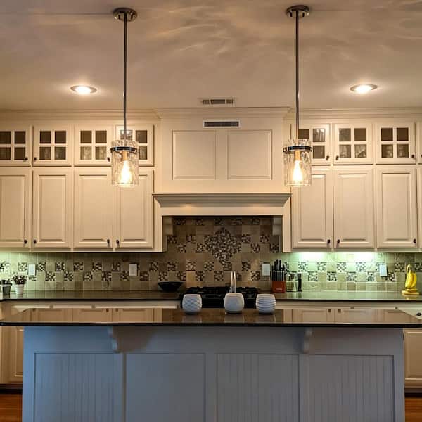 Rayhome 5.9 in. 1-Light Brushed Nickel Adjustable Pendant Light with Hammered Hand-Blown Glass Shade for Kitchen Island