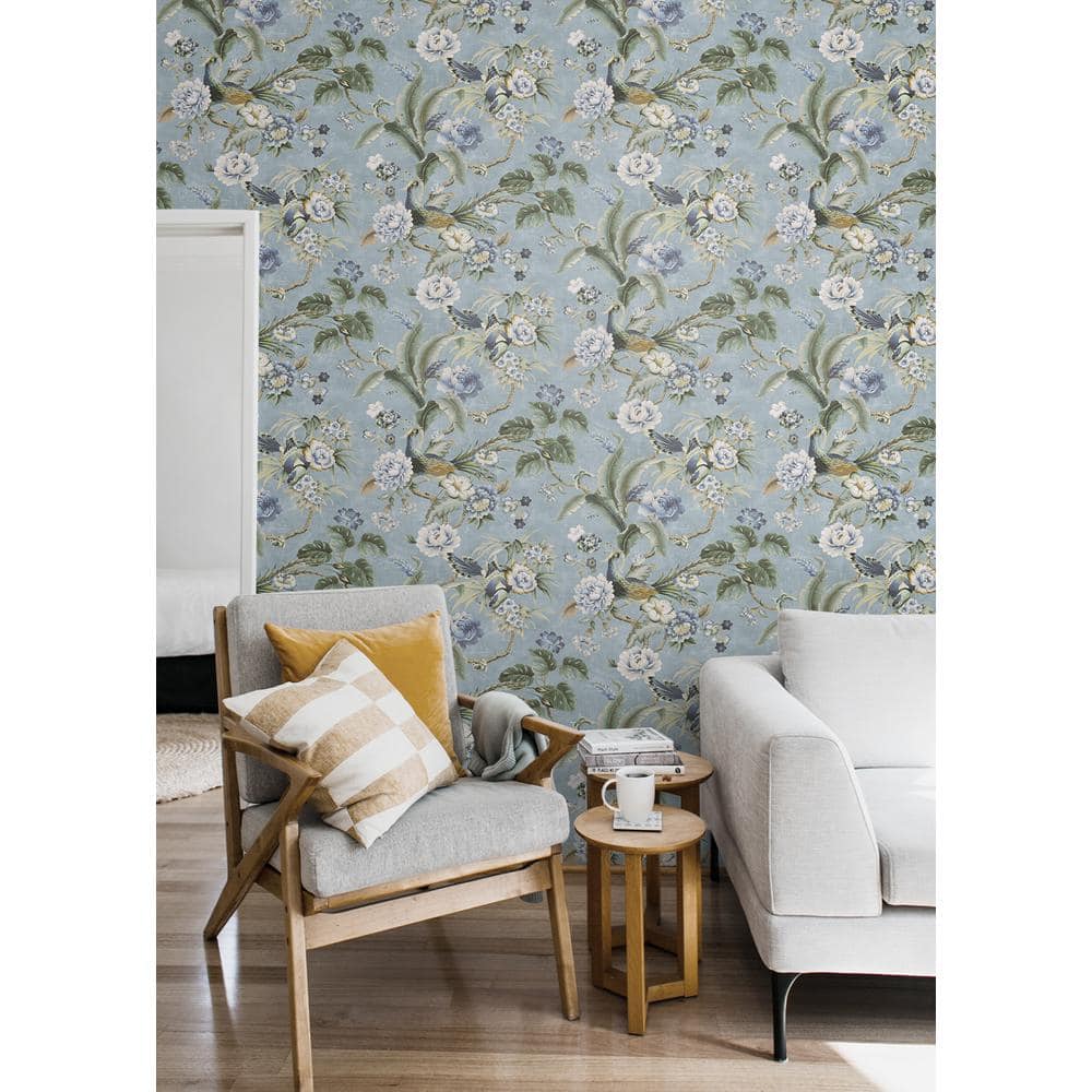 Blue and Charcoal Vinyl Floral Peel and Stick Wallpaper
