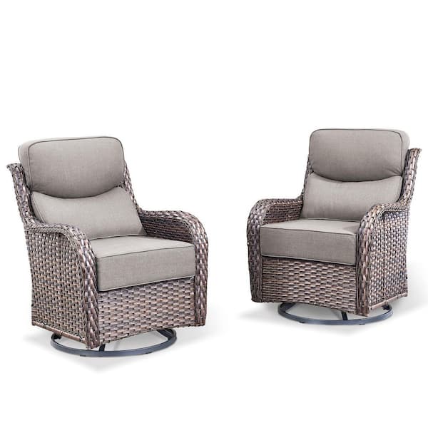 NovaSwivel Brown 5-Piece Wicker Patio Conversation Set Outdoor Swivel Glider with 6 in. Thick Gray Cushions and Ottoman
