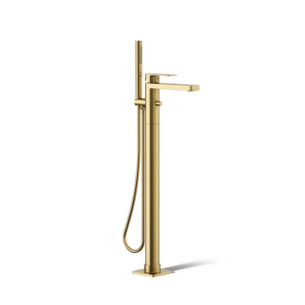 KOHLER Parallel Floor-Mount Single Handle Bath Filler Trim With Handheld Shower Head in Vibrant Brushed Moderne Brass
