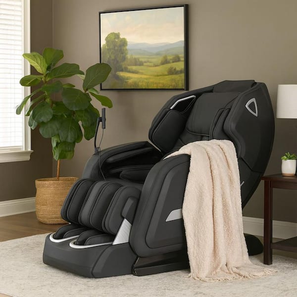 Advent Series Black Faux Leather Reclining 4D Massage Chair, Spinning Calf Roller, Heated Lumbar, Extended SL Rail Track