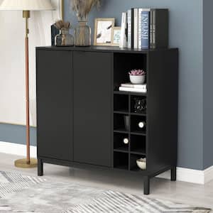 Black Kitchen Sideboard Buffet Cabinet MDF with Wine Rack Storage Server Console with Adjustable Shelf and Stemware Rack