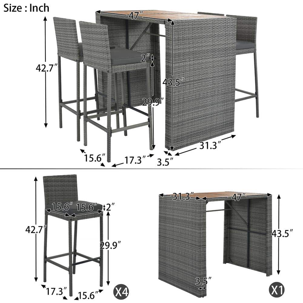 Gray 5-Piece Steel and Wood Bar Height Outdoor Dining Set