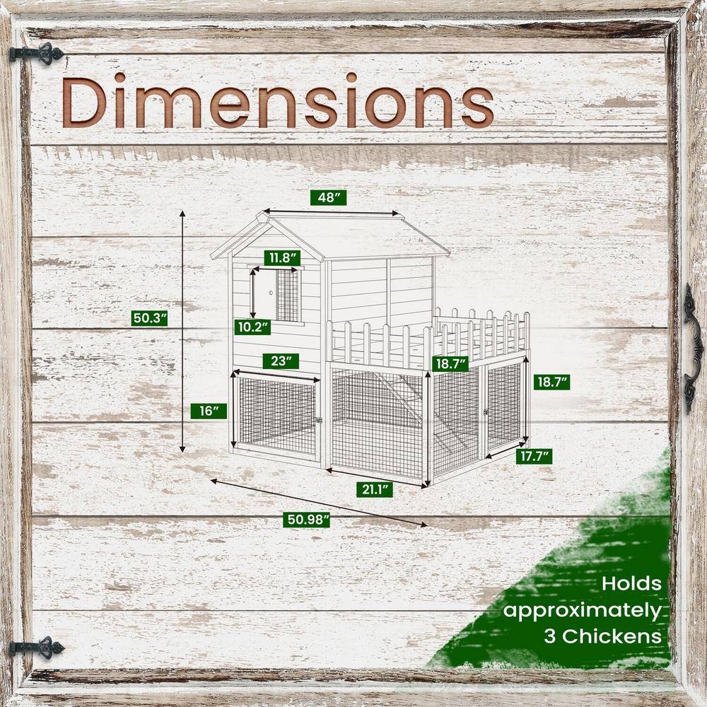 White and Black Elevated Wooden Chicken Coop with Ramp and Wire Mesh Run