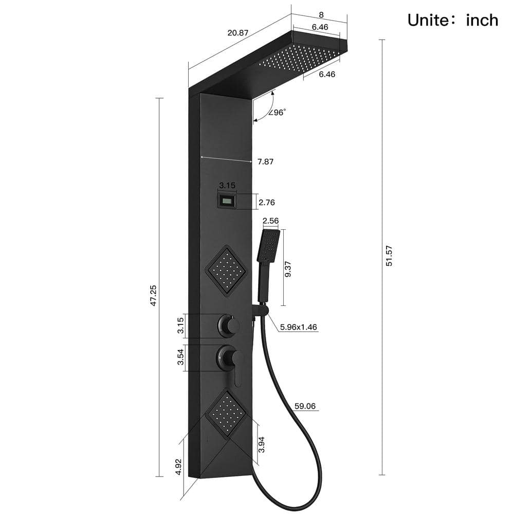 Matte Black 47" Shower Panel System with Rainfall Shower Head and Body Jets