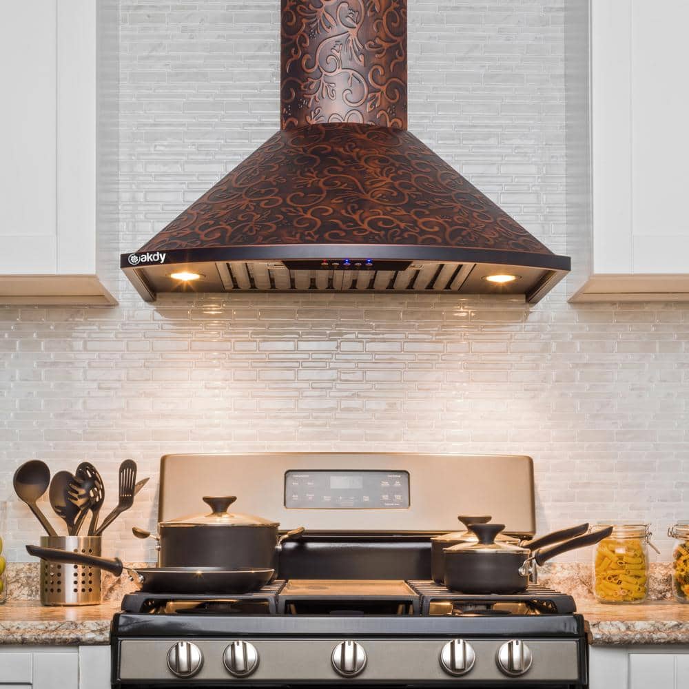 30-Inch Vine Embossed Copper Convertible Wall-Mounted Range Hood