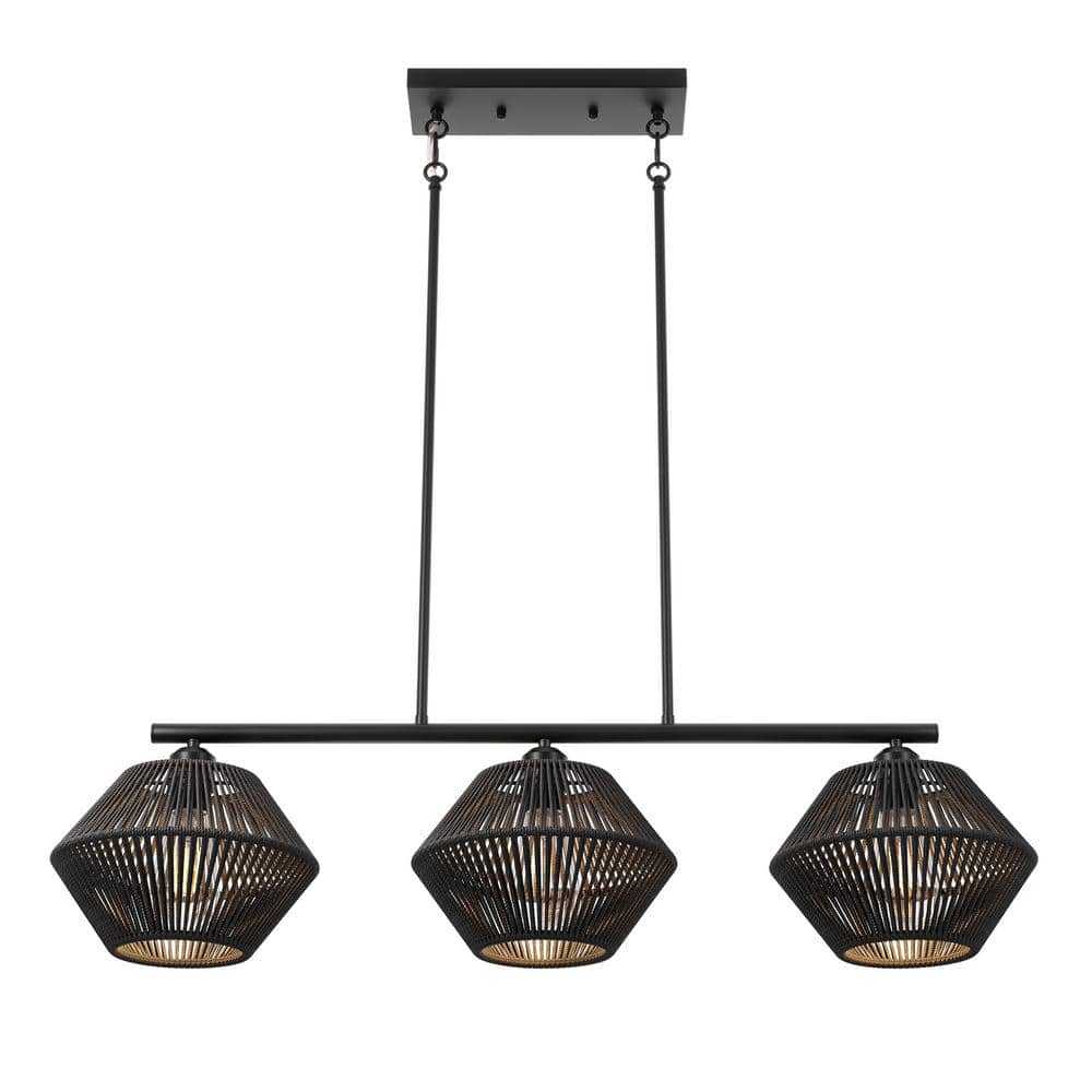 Rattan Farmhouse 37.4 in. 3-Light Boho Black Chandeliers with Hand Woven Wi