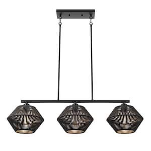 Rattan Farmhouse 37.4 in. 3-Light Boho Black Chandeliers with Hand Woven Wicker Shades