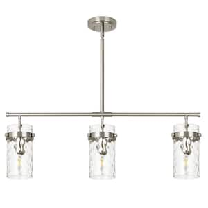 Kinlea 3 Light Brushed Nickel Modern Cylinder Chanderlier with Clear Hammered Glass Shades for Kitchen Island, Bedroom