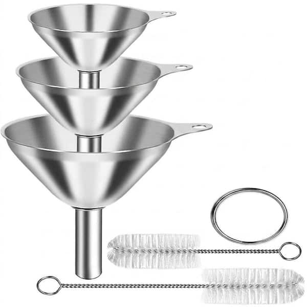 3-Piece Silver Stainless Steel Kitchen Funnel Set with 2 Cleaning Brushes for Bottles