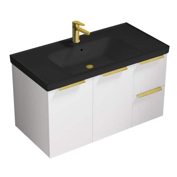 Frame 35.4 in. Modern Freestanding Bath vanity in Glossy White with Matte Black Ceramic Top
