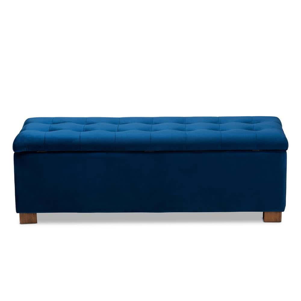 Navy Blue Velvet Tufted Storage Bench with Walnut Legs
