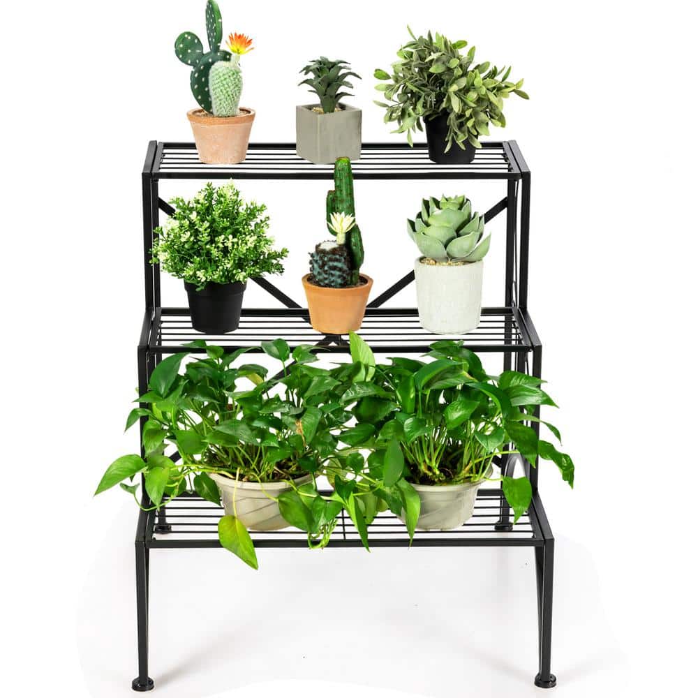 Black Iron 3-Tier Indoor Outdoor Plant Stand with Curved Lace Design