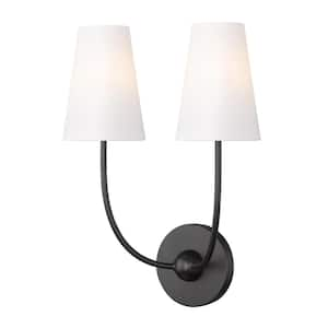 Shannon 12.75 in. 2 Light Matte Black Wall Sconce Light with White Fabric Shade with No Bulbs Included