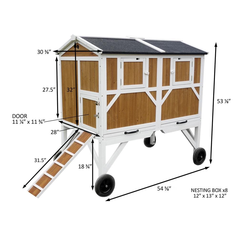 Natural Wood and White Free-Range Chicken Coop with Wheels