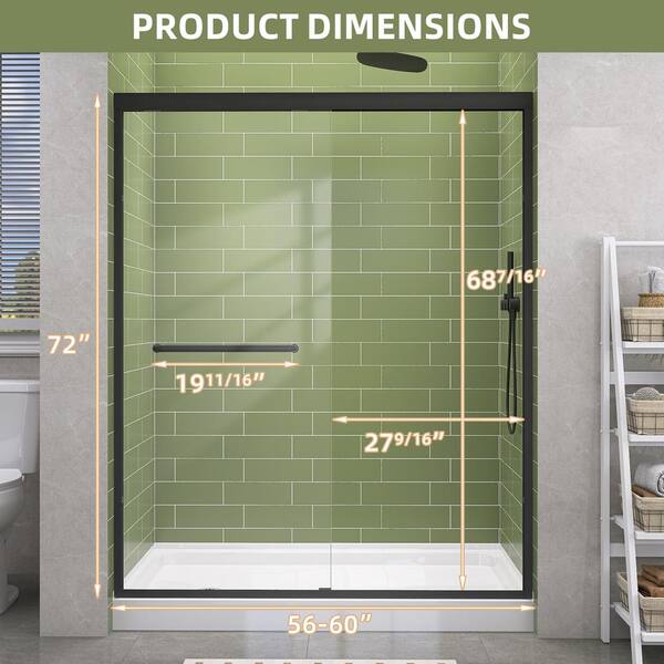 Getpro 56 in.-60 in. W x 72 in. H Double Sliding Framed Shower Door in Matte Black with 1/4 in. (6 mm) Clear Glass