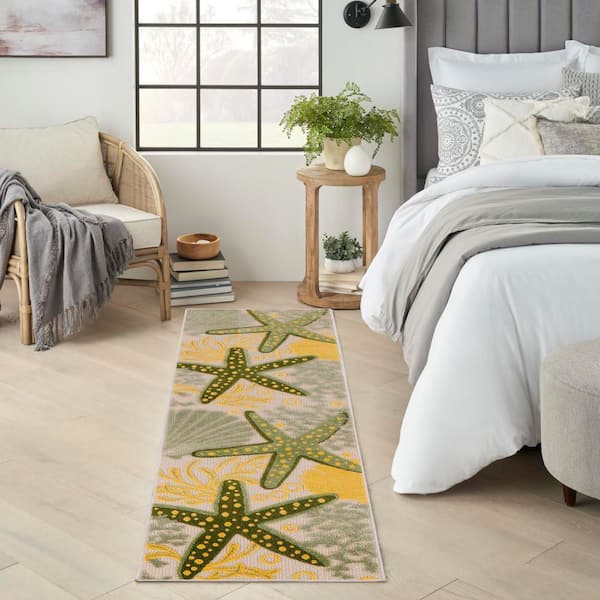 Aloha Green Yellow 2 ft. x 8 ft. Nautical Contemporary Indoor/Outdoor Runner Area Rug