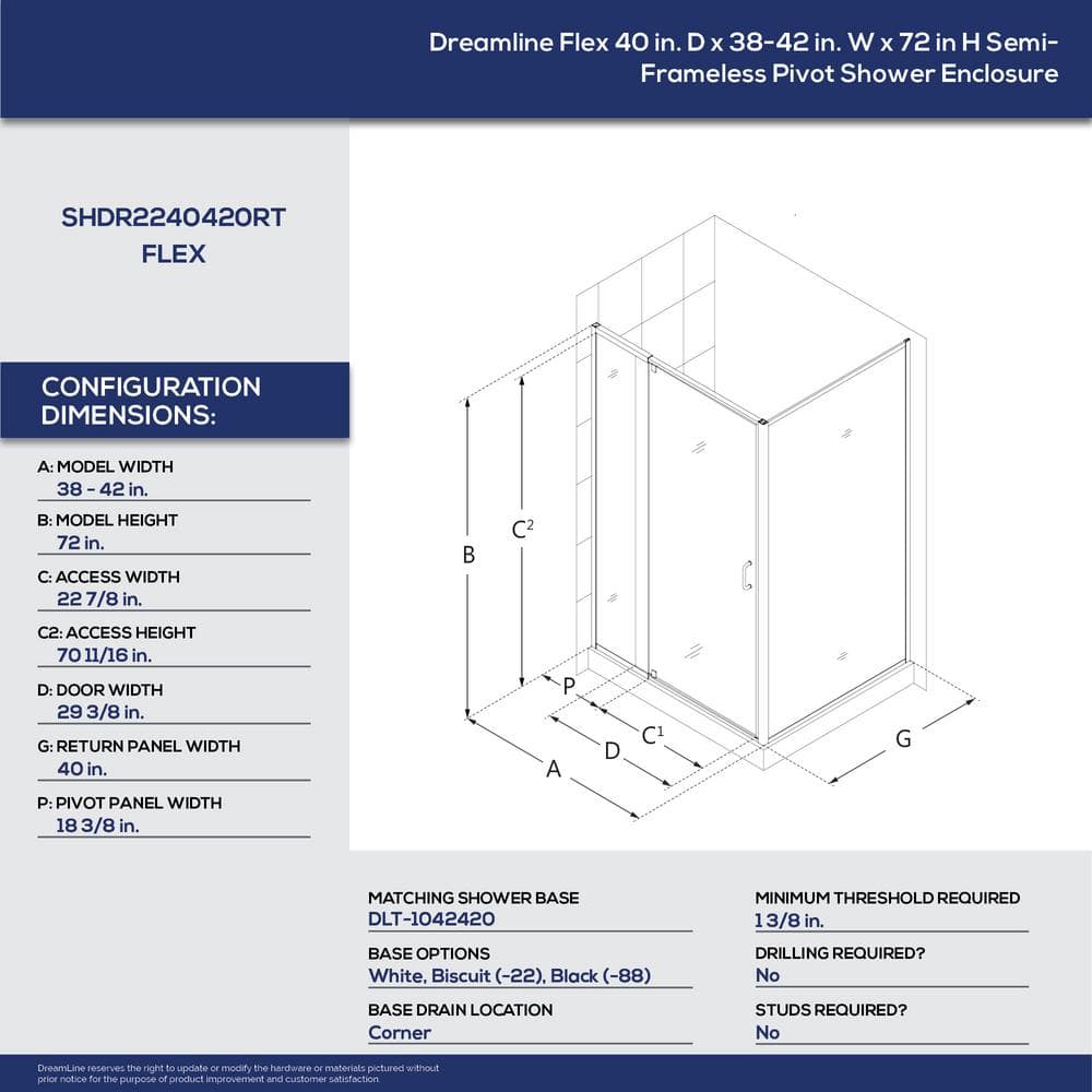 Flex 42" Brushed Nickel Semi-Frameless Pivot Shower Enclosure