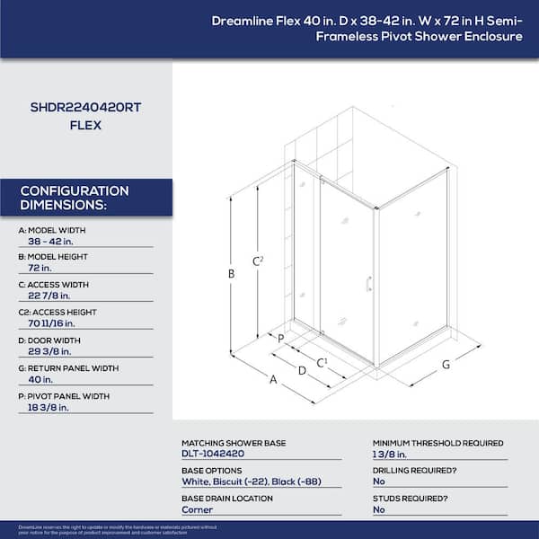 Flex 38 in. - 42 in. W x 72 in. H Semi-Frameless Pivot Shower Enclosure in Brushed Nickel