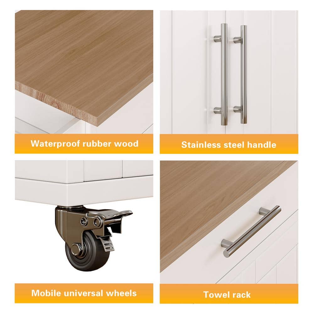White and Natural Wood Rolling Kitchen Island with Storage Cabinet