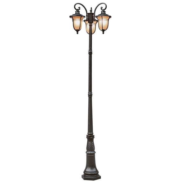 Bel Air Lighting 3-Light Outdoor Rubbed Oil Bronze Pole with Amber Frost Glass