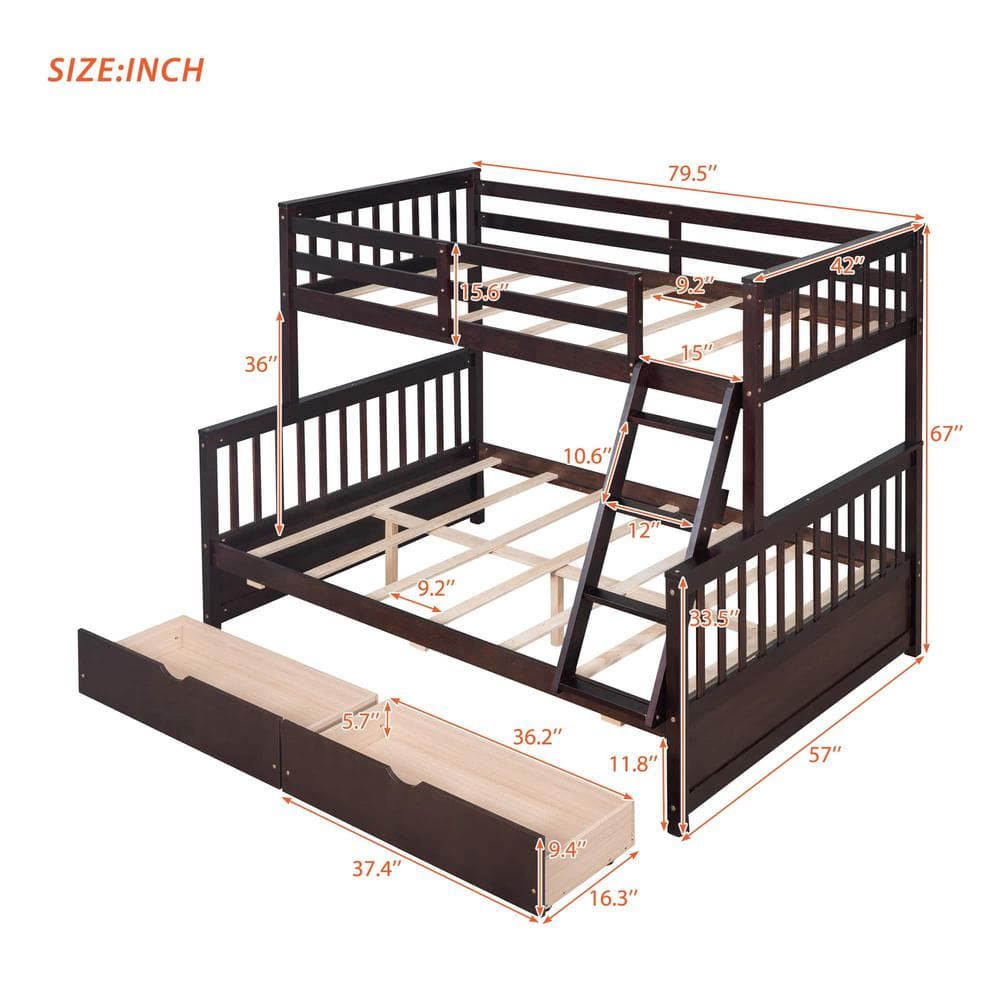 Harper & Bright Designs Espresso Twin Over Full Wood Bunk Bed with 2 Storage Drawers - 2