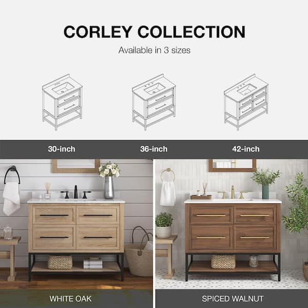 Home Decorators Collection Corley 42 in. W x 19 in. D x 34.50 in. H Bath Vanity in Weathered Tan with White Engineered Stone Top