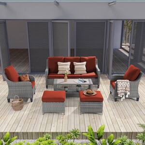 6-Piece Patio Outdoor Conversation Set with Thickening Ottomans Coffee Table, Rust Red Cushion