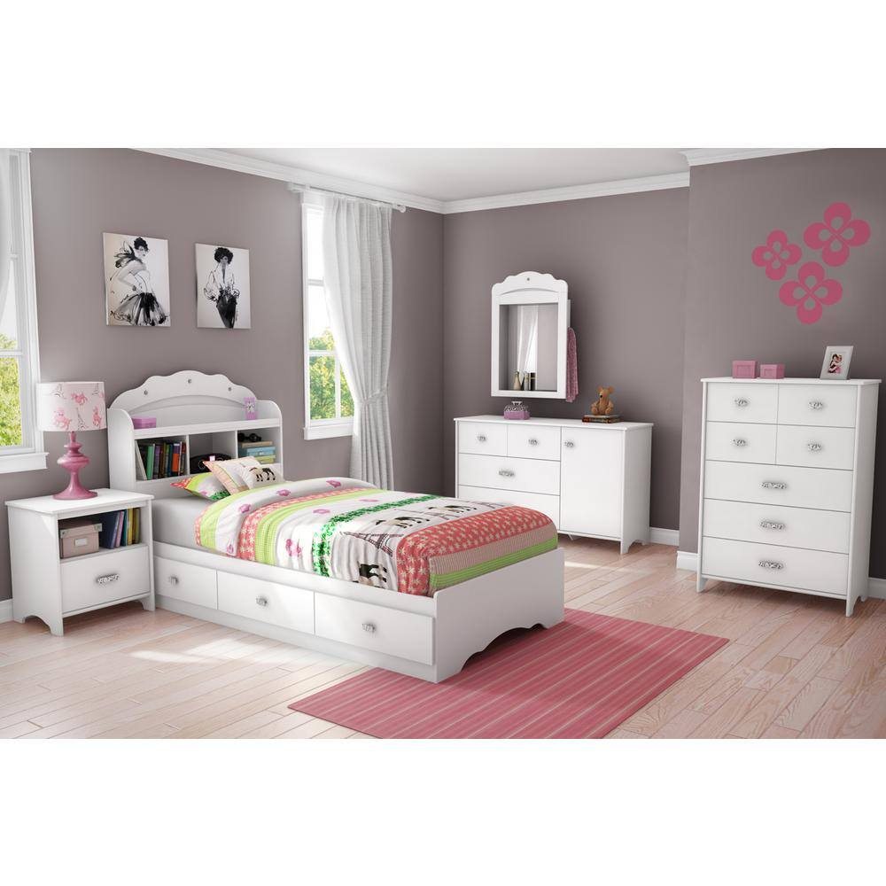 Princess Tiara Twin Platform Bed with 3 Storage Drawers in Pure White