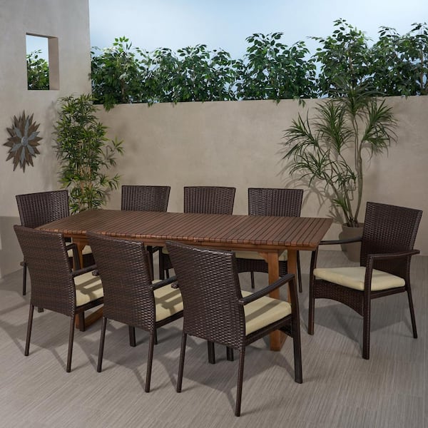 Noble House Villa 30 in. Brown Patina 9-Piece Metal Rectangular Patio Outdoor Dining Set with Cream Cushions