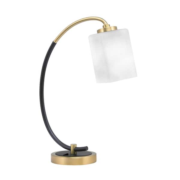 Unbranded Delgado 18.25 in. Matte Black and New Age Brass Accent Desk Lamp with White Muslin Glass Shade