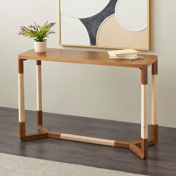 Litton Lane 47 in. Brown Rectangle Wooden Console Table with Rope Wrapped Frame