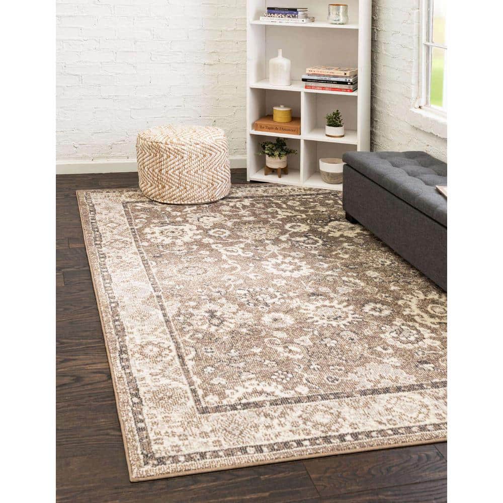 Penrose Vintage Overdyed Light Brown & Blue Floral Area Rug