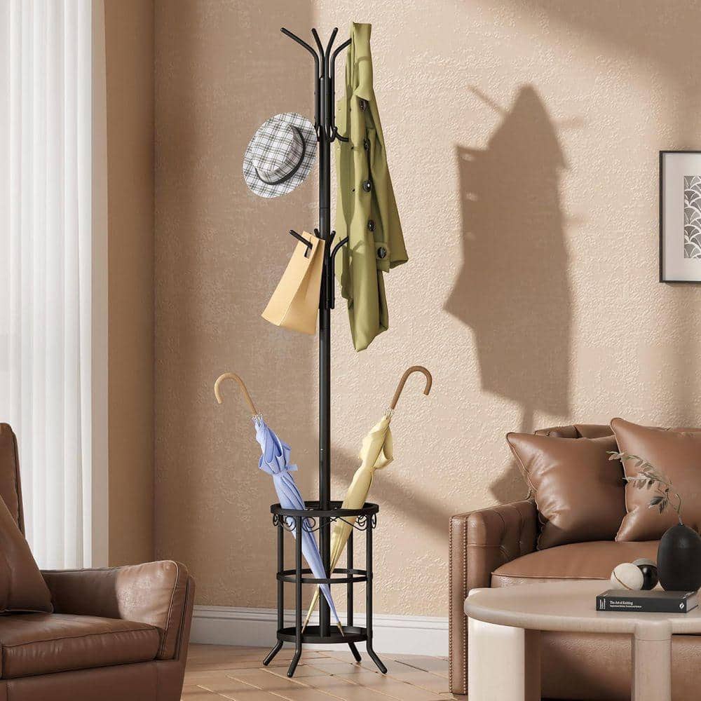 Freestanding Black Metal Umbrella Stand with 12-Hooks Hat Hanger