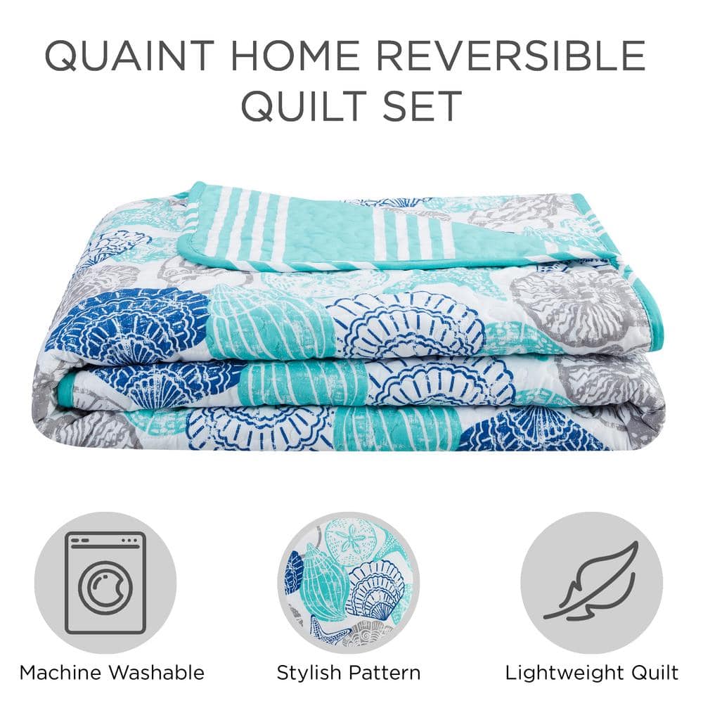 King Size Blue Microfiber Reversible Coastal Quilt Set