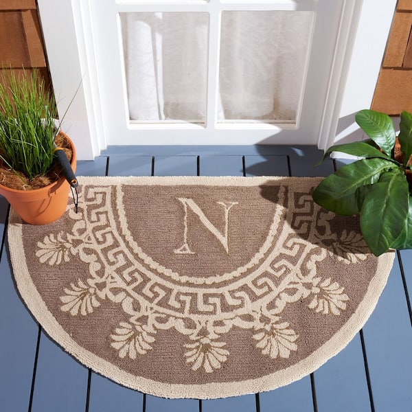 Monogram 3 ft. x 4 ft. Half Moon Taupe Floral Indoor/Outdoor Area Rug