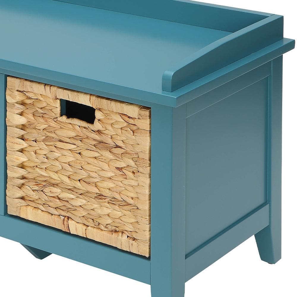 Teal Wood Storage Bench with Rattan Baskets