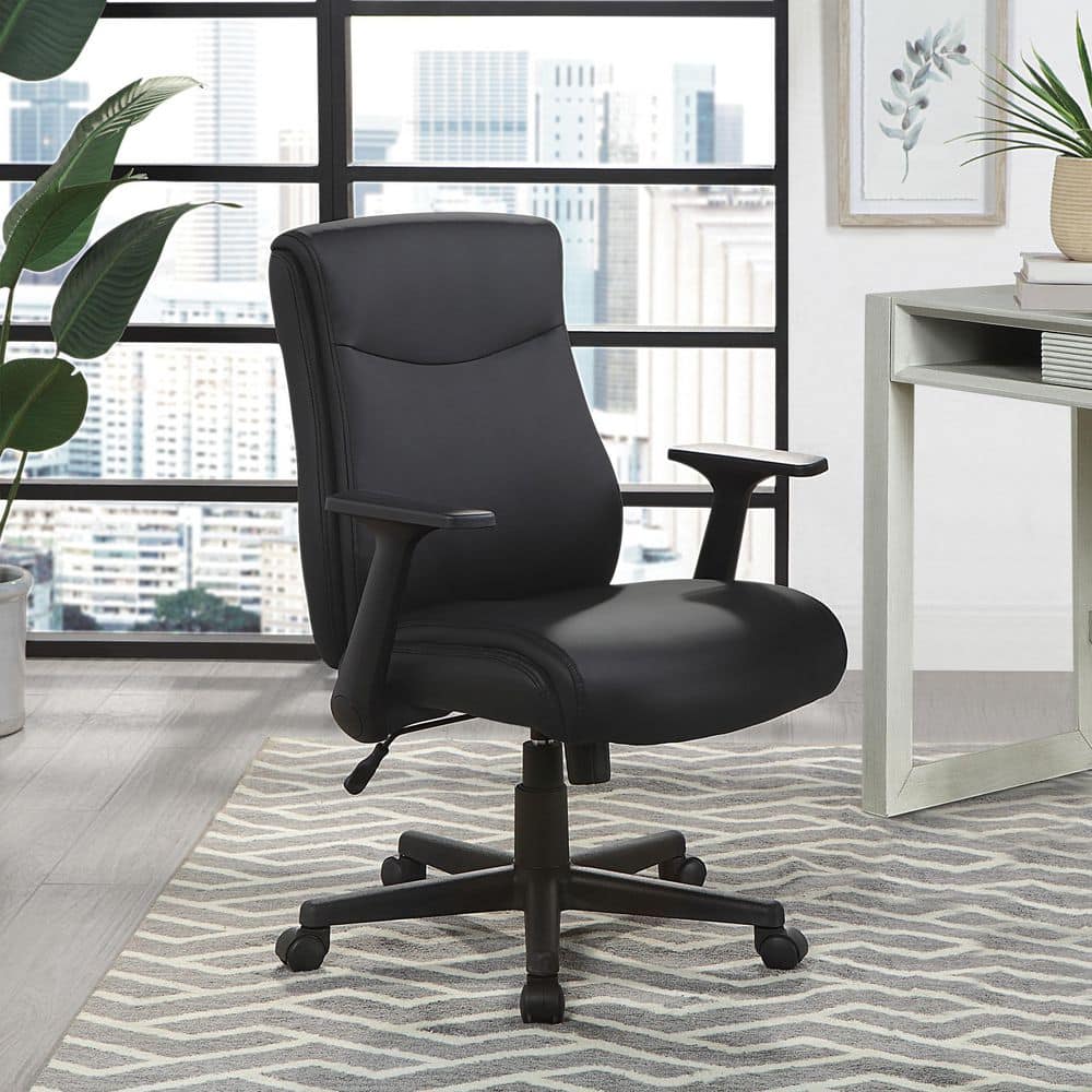 Executive High-Back Swivel Chair in Black Faux Leather with Metal Accents